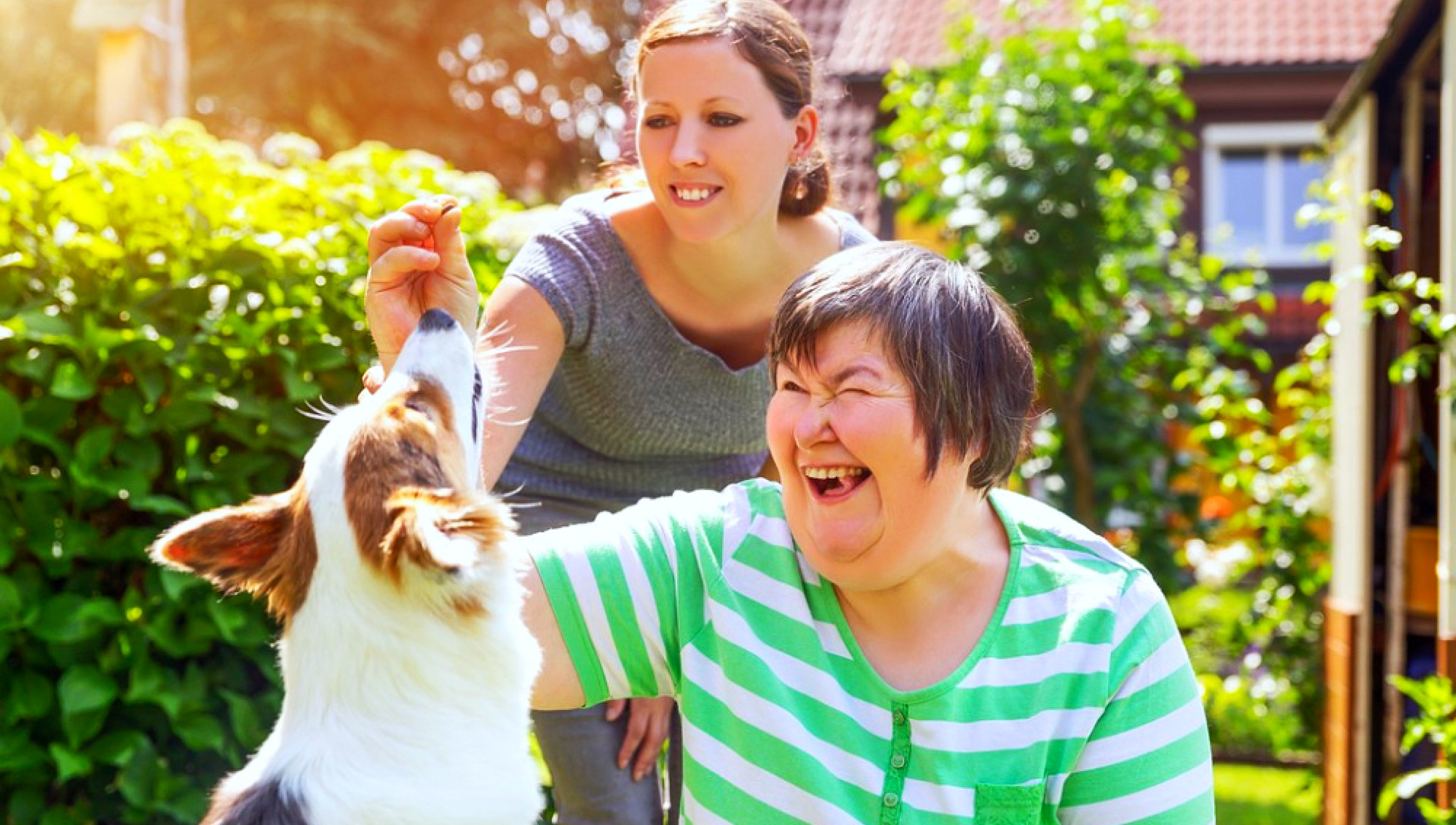 two adult woman play with the dog